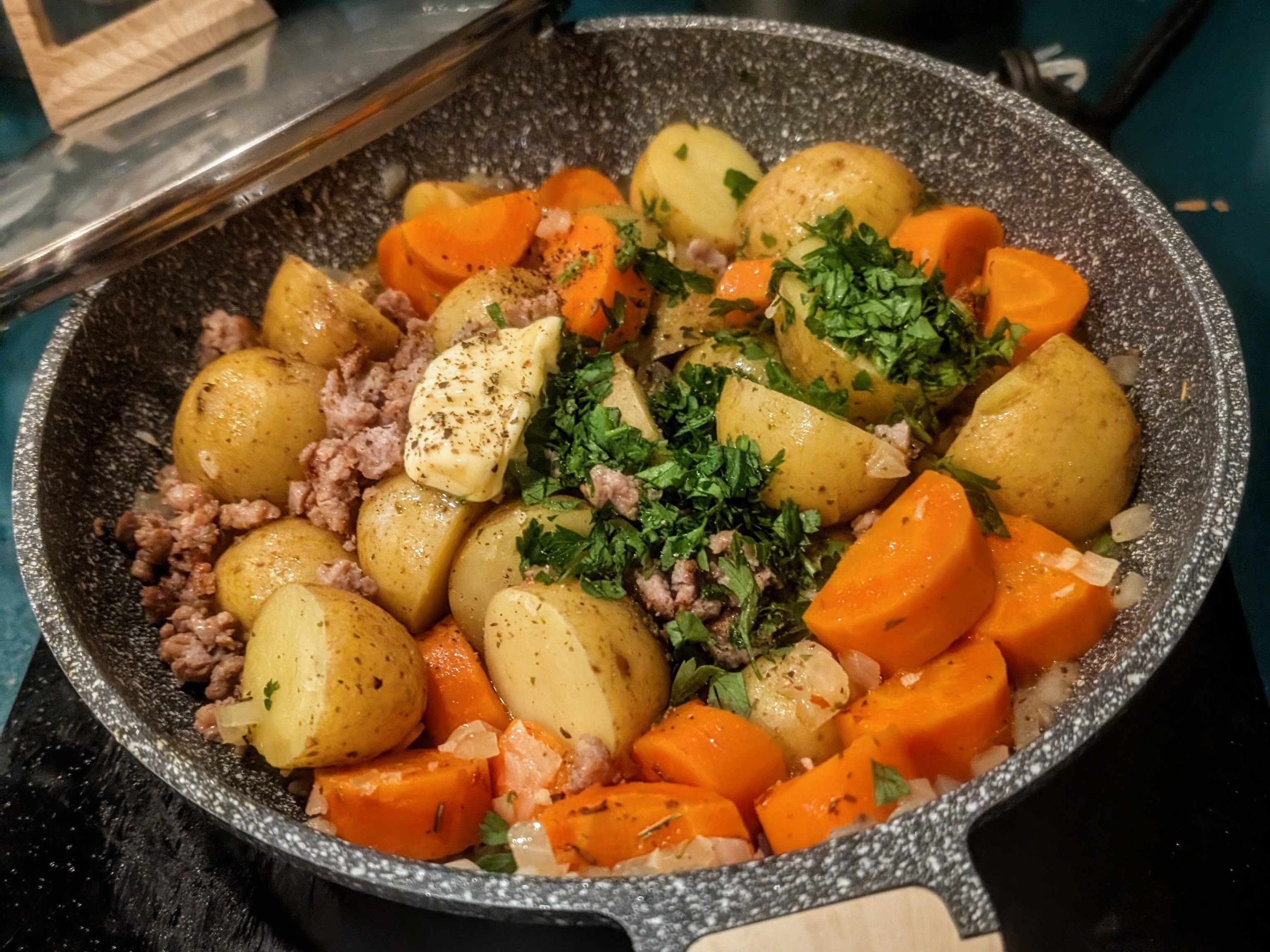 Braised Sausage, Potato & Carrot Skillet
